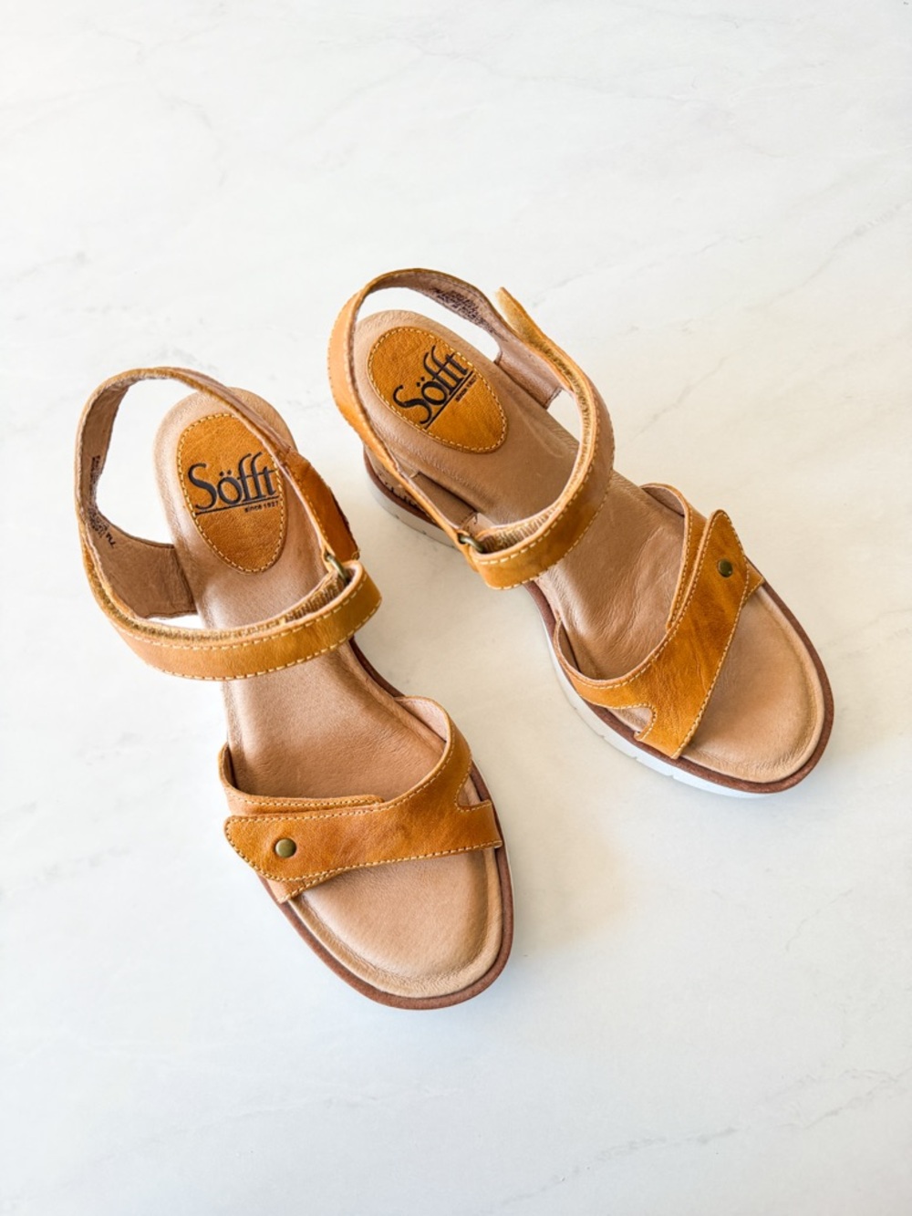 Sofft Leather Wedge Sandals Size 7 Tan Comfort Cork Heel - Picture 10 of 10